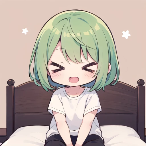 <lora:hotarueye_comic1_type3:1>, 1girl, (chibi:1.4), smile, open mouth, upper body, , green hair, sitting on bed