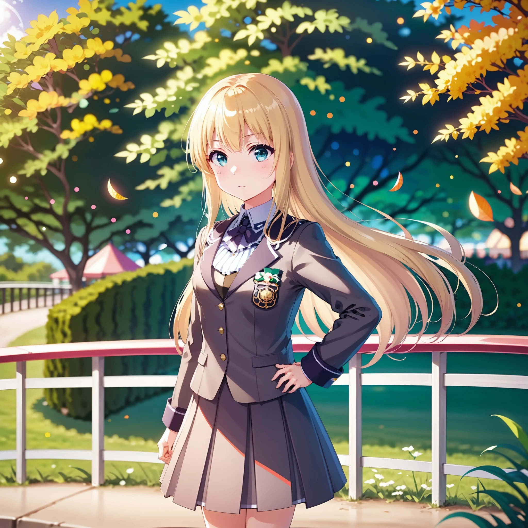 ichinoserei2, 1girl, icre2-school uniform,dynamic angle , bokeh photography, outdoors,theme park, anime style<lora:last:0.65>
