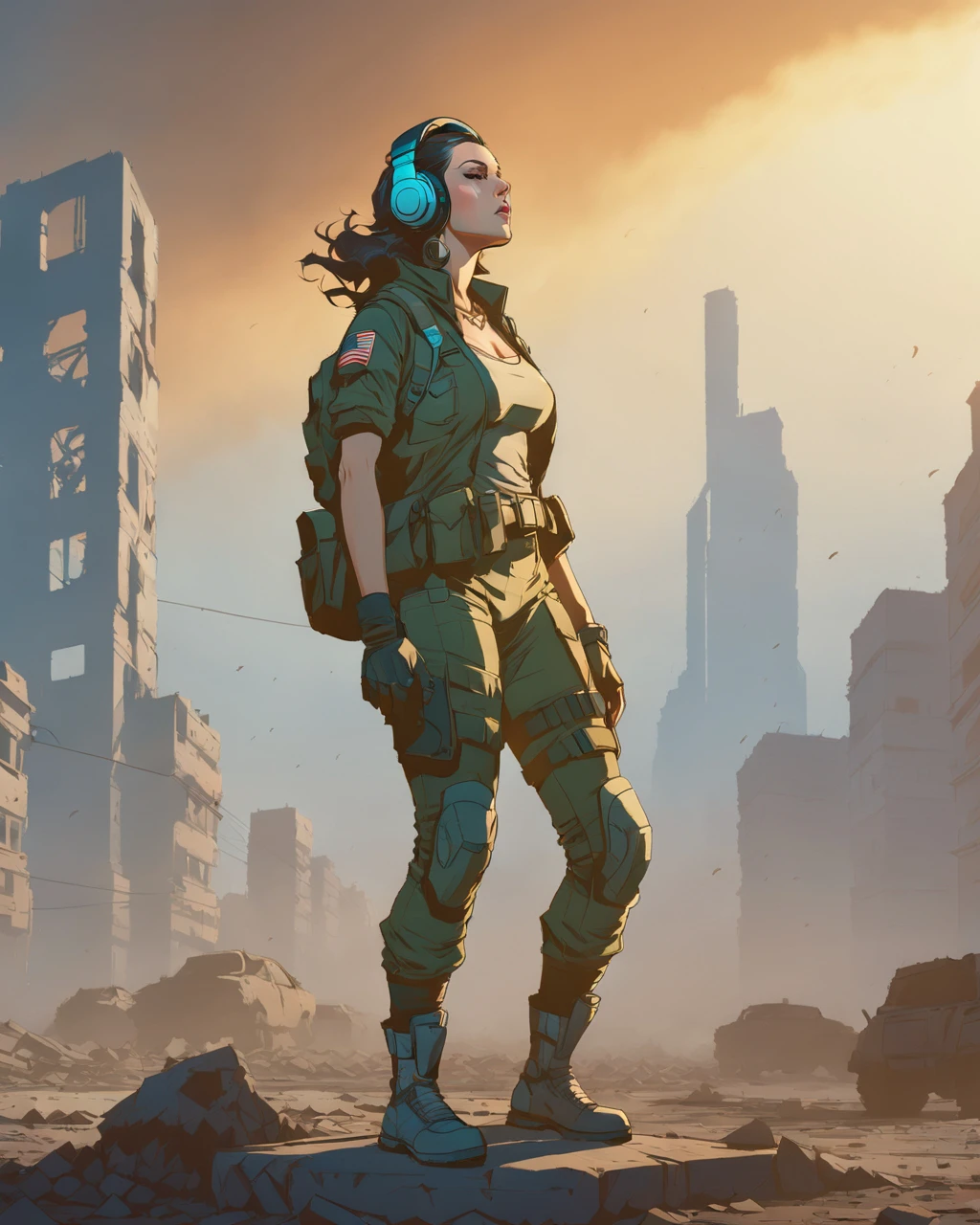 jhyd style <lora:jhyd-step00001000:1>, masterpiece, full body, young thick female soldier with headphones looking into the sky, beautiful detailed face, apocalyptic, destroyed city in background, high saturation, highest detailed, 8k, highest resolution, anatomical correct