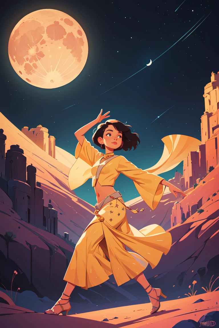 1 female persian dancing in the desert spot light night , stars , moon fantasy (flat color, by James Gilleard Jane Newland), <lora:GoodHands-beta2:1>, scenery