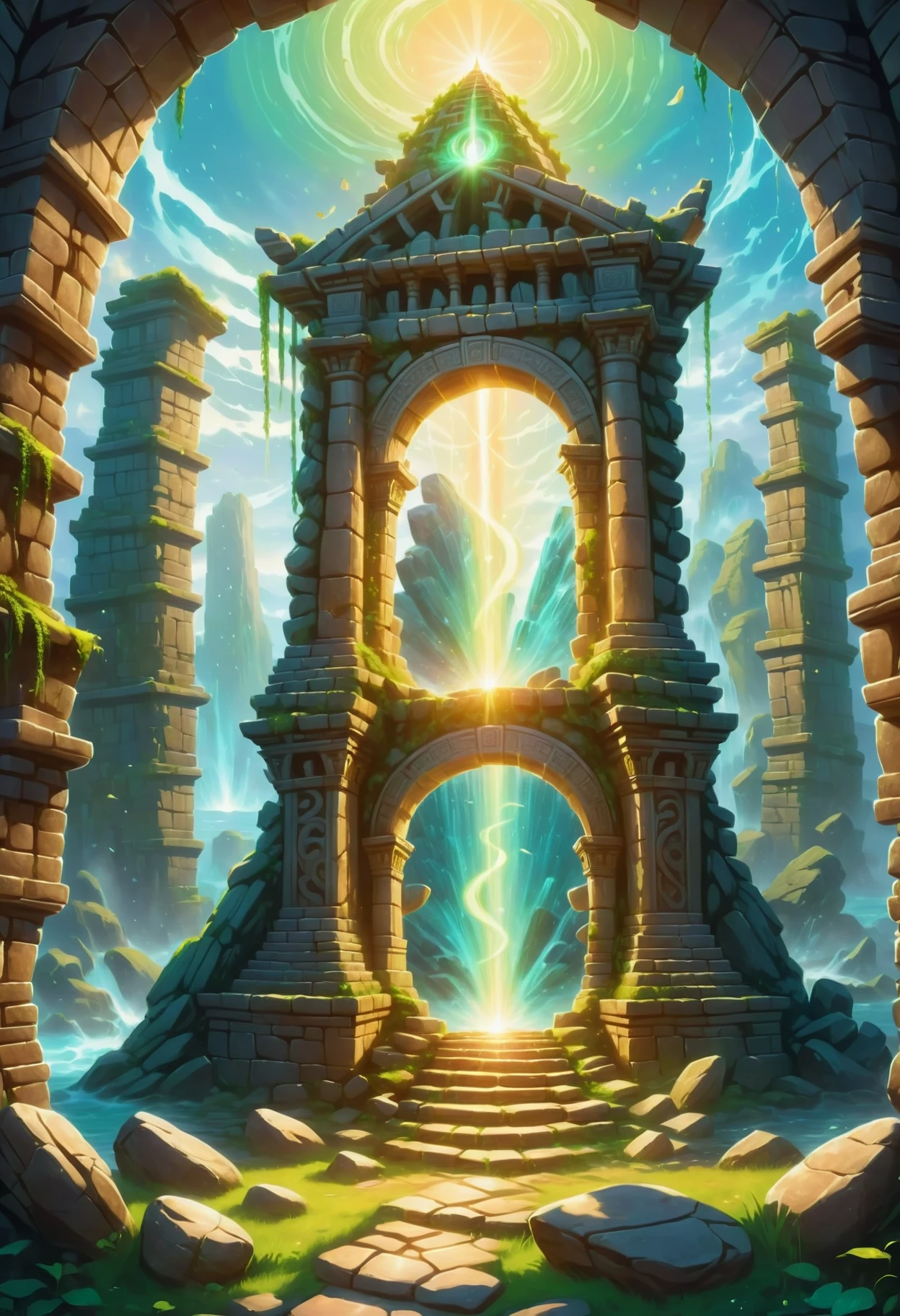 splash art of ancient fairy temple ruins tower crumbling, stones, ancient ruins, (swirling portal leading to another dimension:1.1) from the center of the tower, glowing light, 8k, high quality,<lora:FaeTastic2:0.7>