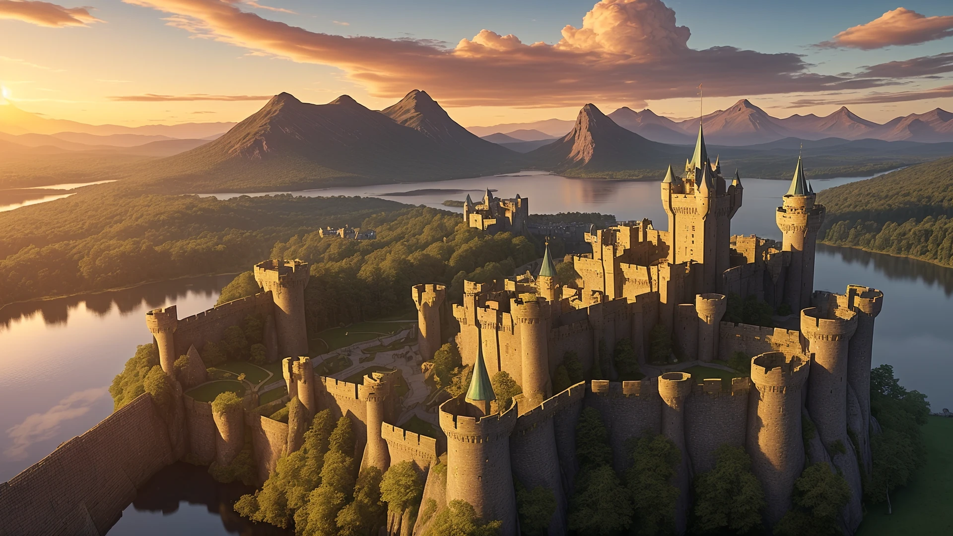 An aerial view of a sprawling, magical kingdom nestled between towering mountains and shimmering lakes. The sun sets behind the castle walls, casting a golden glow over the city below. In the distance, a massive dragon soars above the clouds, its scales glinting in the last rays of sunlight.