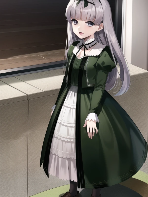 (hyper extreme detailed),(masterpeace),(hyper extreme),(photorealistic),CG,llustration,novel illustration,indoors,<lora:Gretel_v1:1>Gretel,black gothic dress,skirt,hair ribbon,silver hair,long sleeves,pantyhose,loafers,