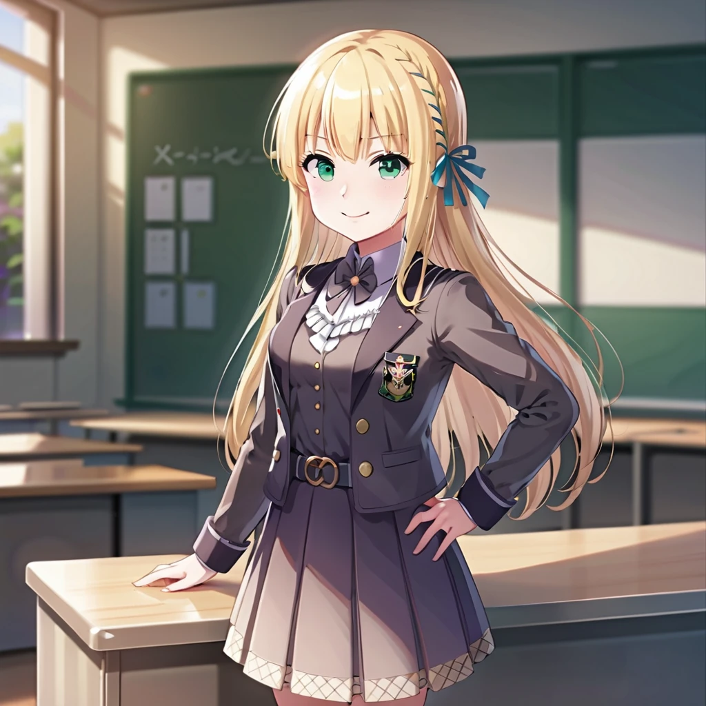 ichinoserei2, 1girl, icre2-school uniform, solo, looking at viewer, ribbon, desk, smile, hand on hip, <lora:last:0.75>