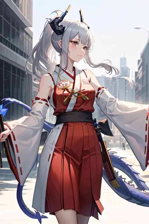 best quality, masterpiece, highres, solo, {miko attire:1.40}, {white kimono:1.20}, {red hakama:1.20}, {wide sleeves:1.15}, {liskarm_arknights:1.15}, horns, dragon_horns, grey_hair, ponytail, long_hair, bangs, tail, dragon_girl, dragon_tail, brown_eyes