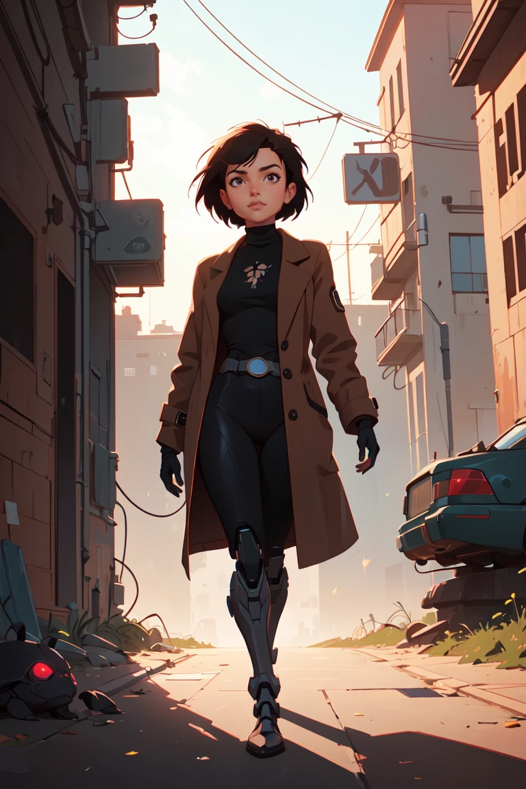 a cyborg girl, battle angel alita, black turtle neck tank top, long brown coat, glowing, (art by Ilya Kuvshinov) shadow, dramatic lighting (masterpiece, best quality ), <lora:GoodHands-beta2:1>, scenery