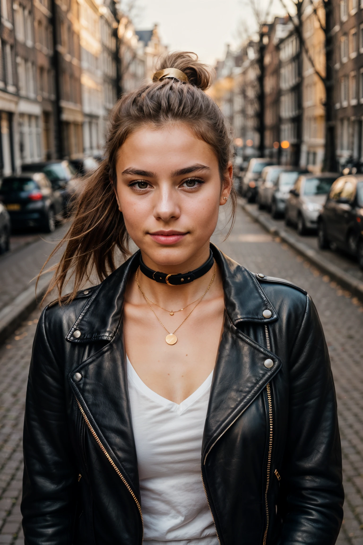 portrait photo of a young french woman, natural skin, golden hour lighting, leather jacket, choker necklace, ponytail, Amsterdam, on a Fujifilm X-T4 with a 50mm lens, in the style of Brandon Woelfel <lora:more_details:0.8>