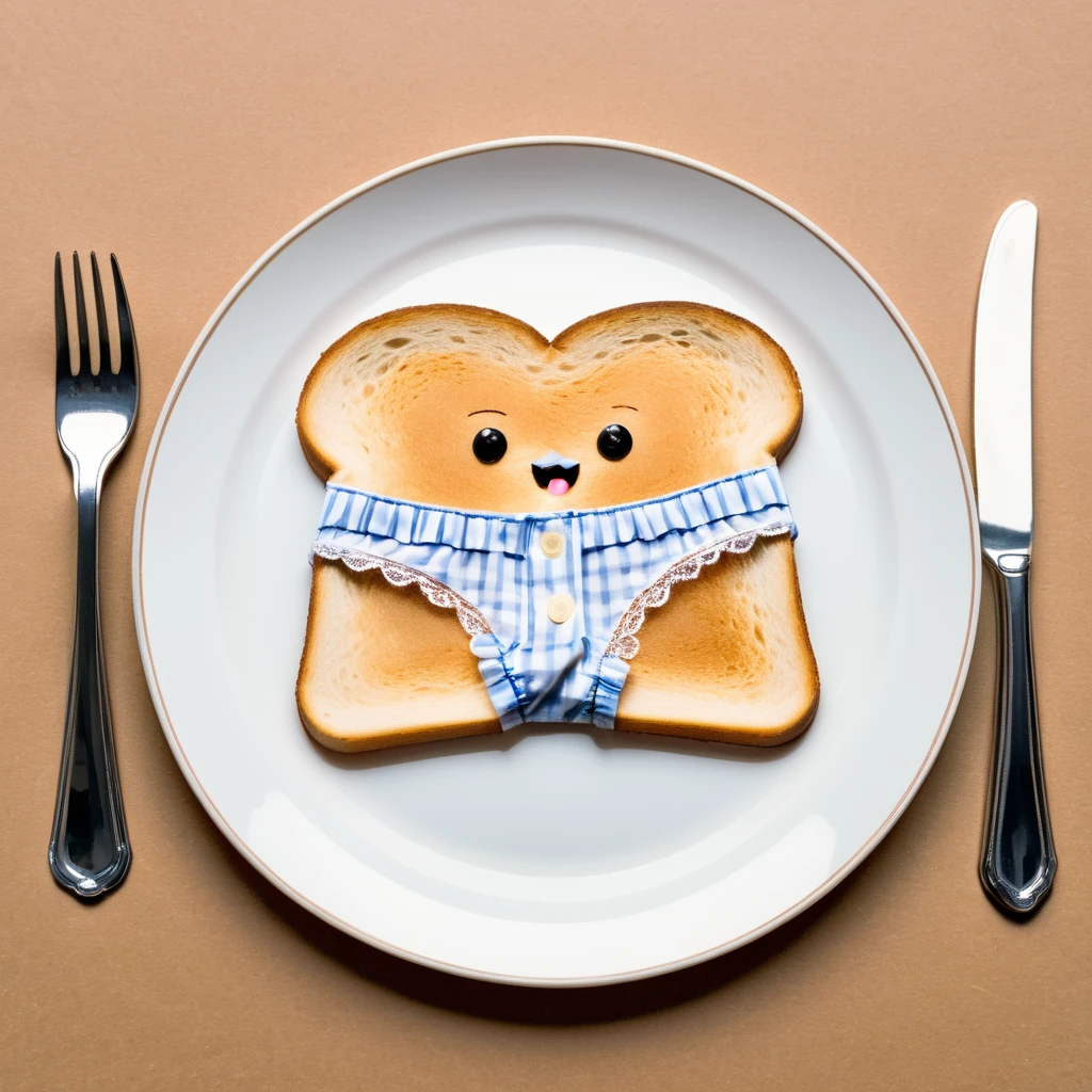 (toast:1.5) wearing (panties:1.6) on flat plate
