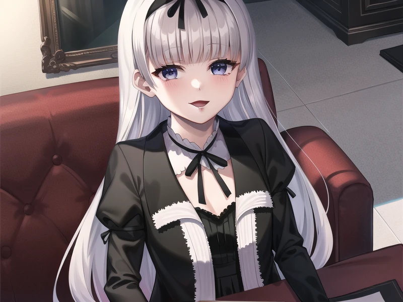 (hyper extreme detailed),(masterpeace),(hyper extreme),(photorealistic),CG,llustration,novel illustration,indoors,<lora:Gretel_v1:0.9>Gretel,black gothic dress,skirt,hair ribbon,silver hair,long sleeves,pantyhose,loafers,1girl,upper body,