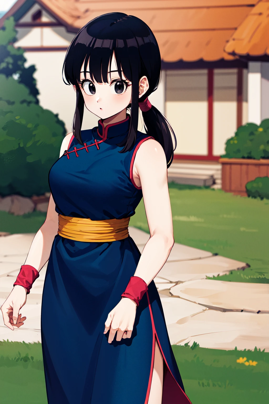 masterpiece, best quality, highres, dragon ball, bbchichi, (low ponytail:1.1), black eyes, chinese clothes, blue dress, sleeveless, wristband, sash, <lora:chi-chi_v1:0.6>, looking at viewer, cowboy shot, standing, outdoors