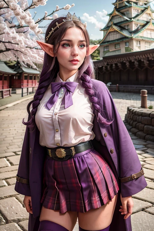 (photorealistic, 4k, outdoor photography:1.5), cherry blossom, (Osaka castle:1.3), park, clearing, sky, nature, beautiful elder (elf:1.3) woman, (portrait:1.3)