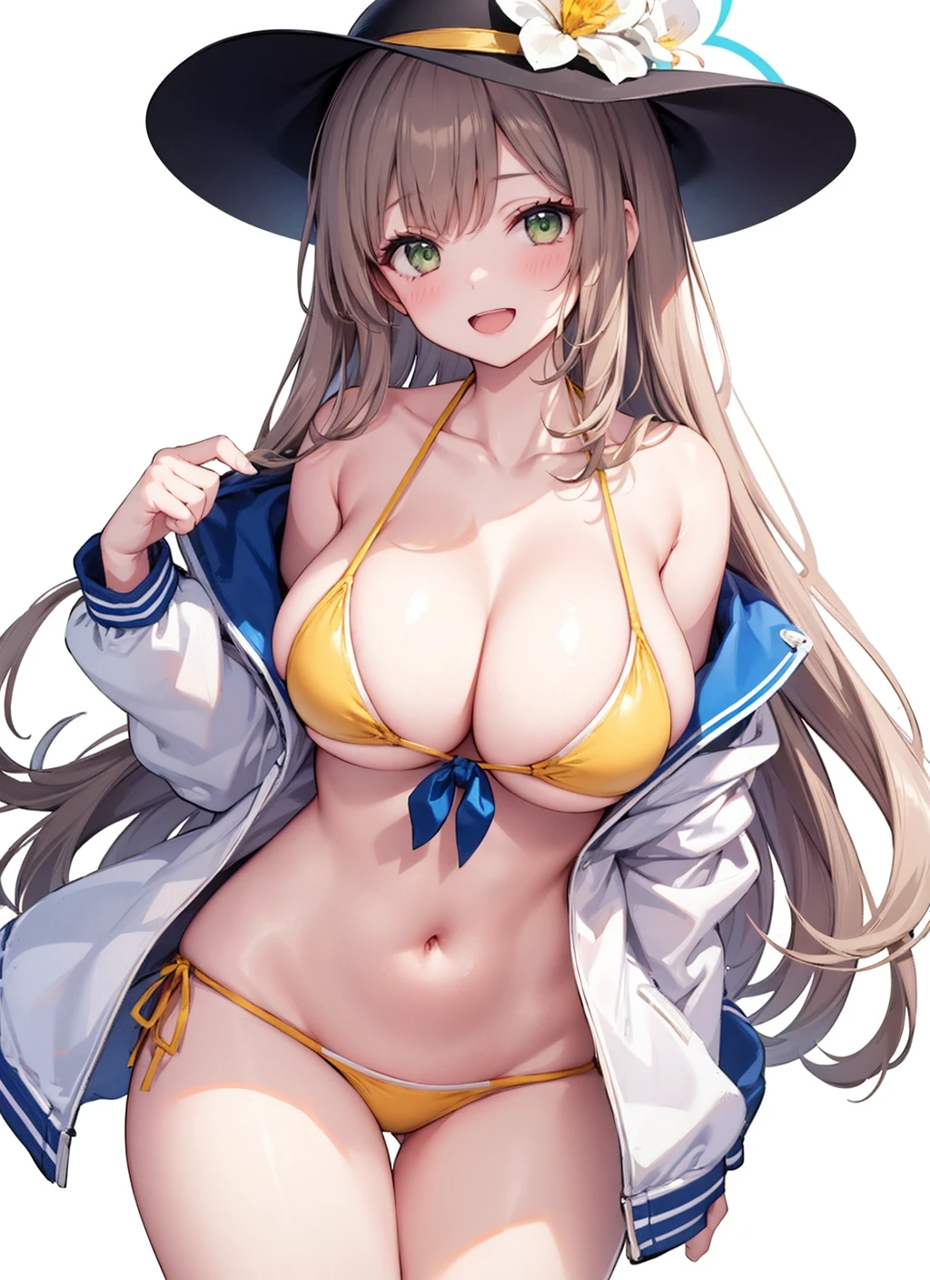 1girl, breasts, nonomi \(blue archive\), solo, bikini, green eyes, (yellow bikini), navel, huge breasts, long hair, side-tie bikini bottom, cleavage, looking at viewer, halo, white headwear, hat flower, front-tie top, simple background, collarbone, flower, blush, sun hat, smile, open mouth, halterneck, bangs, long sleeves, stomach, front-tie bikini top, open clothes, cowboy shot, thigh gap, off shoulder, white background, white shirt, bare shoulders, ribbon, thighs, string bikini, white jacket, light brown hair