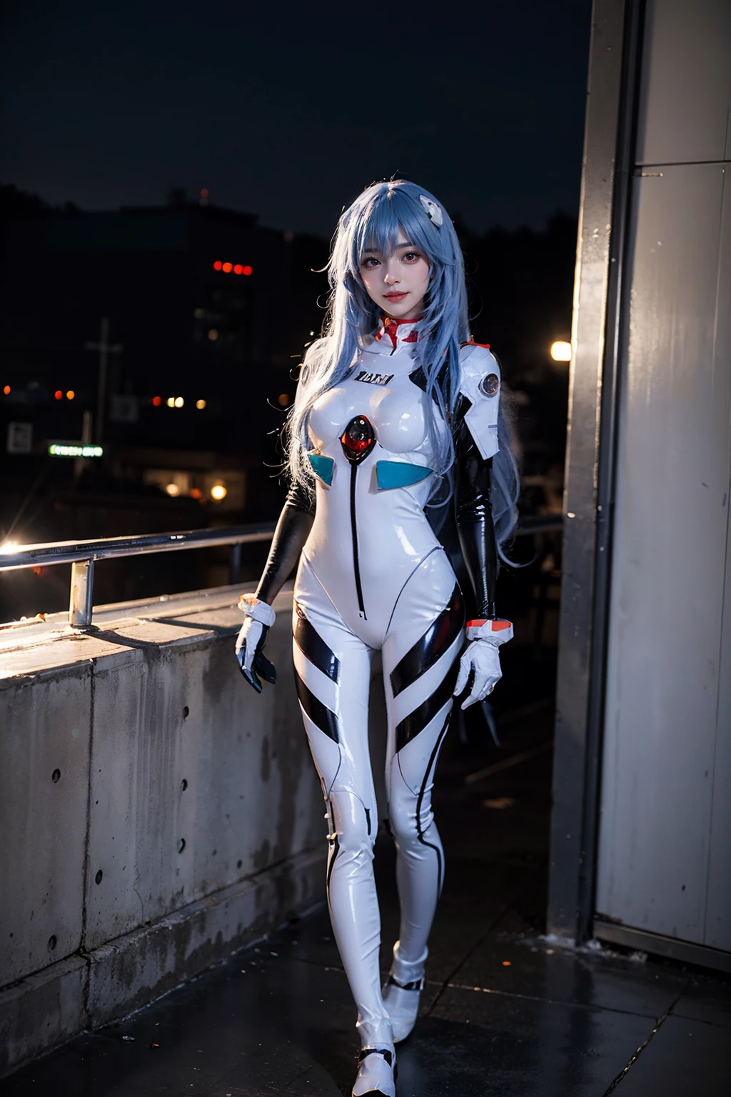 best quality, masterpiece, realistic, (photorealistic:1.4), 1girl, solo, full body, looking at viewer, smile, standing, ayanami cosplay costume, cosplay, long hair, bodysuit, skin tight, hairpods, wall, night, <lora:ayanami_longhair_plugsuit_cosplay_costume_v1:0.7>