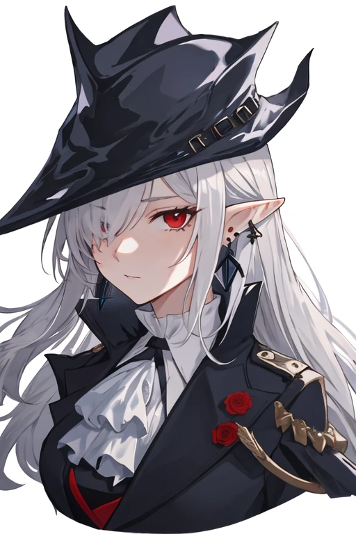 best quality, masterpiece, highres, solo, {gladiia_arknights:1.15}, red_eyes, pointy_ears, long_hair, white_hair, ascot, grey_hair, white_ascot, hair_over_one_eye, black_headwear, hat, bangs, breasts, 1girl, upper_body, looking_at_viewer, simple_background, white_background, earrings, high_collar, jewelry, black_dress