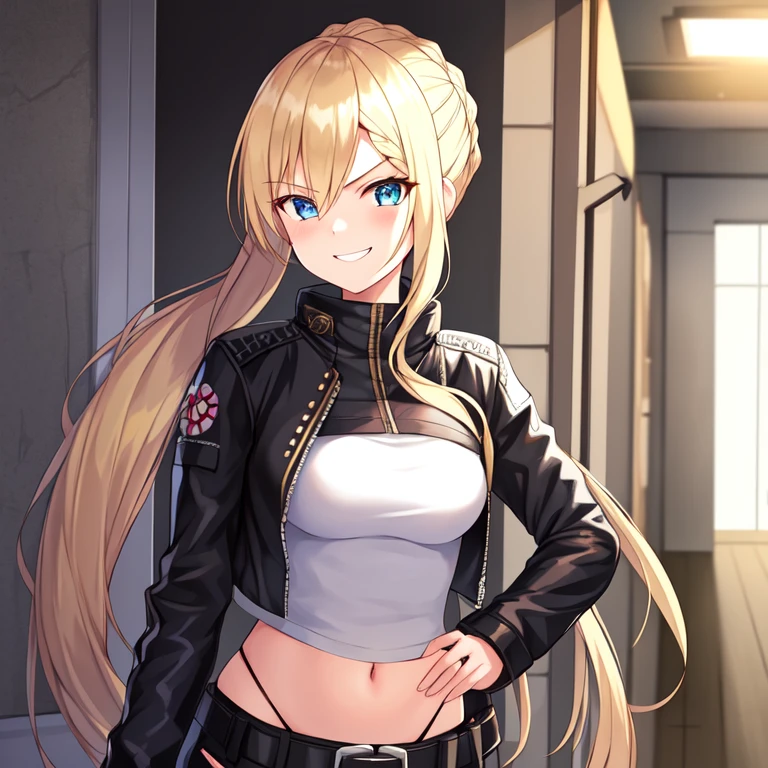 {1girl}, determined, biker jacket, casual pants, masterpiece, smirking, perfect detailed on hands, illustration, beautiful-detailed eyes, ultra detailed, {long hair}, {katana}, hallway, small breasts, blonde hair with highlights, futuristic city, industrial, monitors, open area, from front, eye focus, determined, determined look, braided ponytail