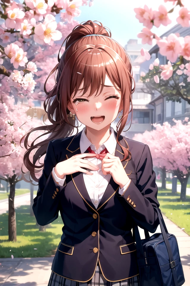 <lora:Lisachi-05:0.8>,lisachi, looking at viewer, blush, smile, open mouth, shirt, long sleeves, school uniform, jacket, yellow eyes, white shirt, upper body, ponytail, flower, outdoors, one eye closed, food, collared shirt, tears, bag, petals, rose, blazer, crying, cherry blossoms, red flower, pink flower, blue flower, school bag, brown jacket, bouquet, blue rose, wiping tears