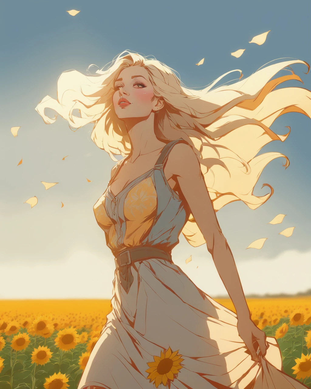 jhyd style <lora:jhyd-step00001000:1>, masterpiece, full body, drawing of a young woman, beautiful face, snub nose, full lips, long blonde hair, summer dress, standing in a sun flower field, windy, high saturation