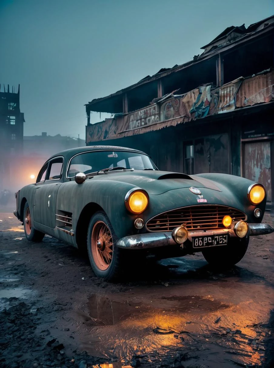 a photo of a dieselpunk sports car, 3/4 front view, survival, post-apocalyptic, cyberpunk, outdoors, night, destruction, urban decay, masterpiece