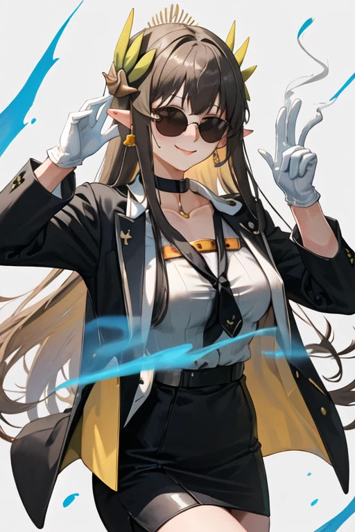 best quality, masterpiece, highres, solo, {black business suit:1.40}, {tie:1.20}, {sunglasses:1.25}, {white gloves:1.15}, {white shirt:1.10}, {black skirt:1.15}, {smoking:1.20}, handsome, {muelsyse_arknights:1.15}, long_hair, pointy_ears, bangs, smile, yellow_eyes, very_long_hair, mole_under_eye, brown_hair, mole, blush, collarbone