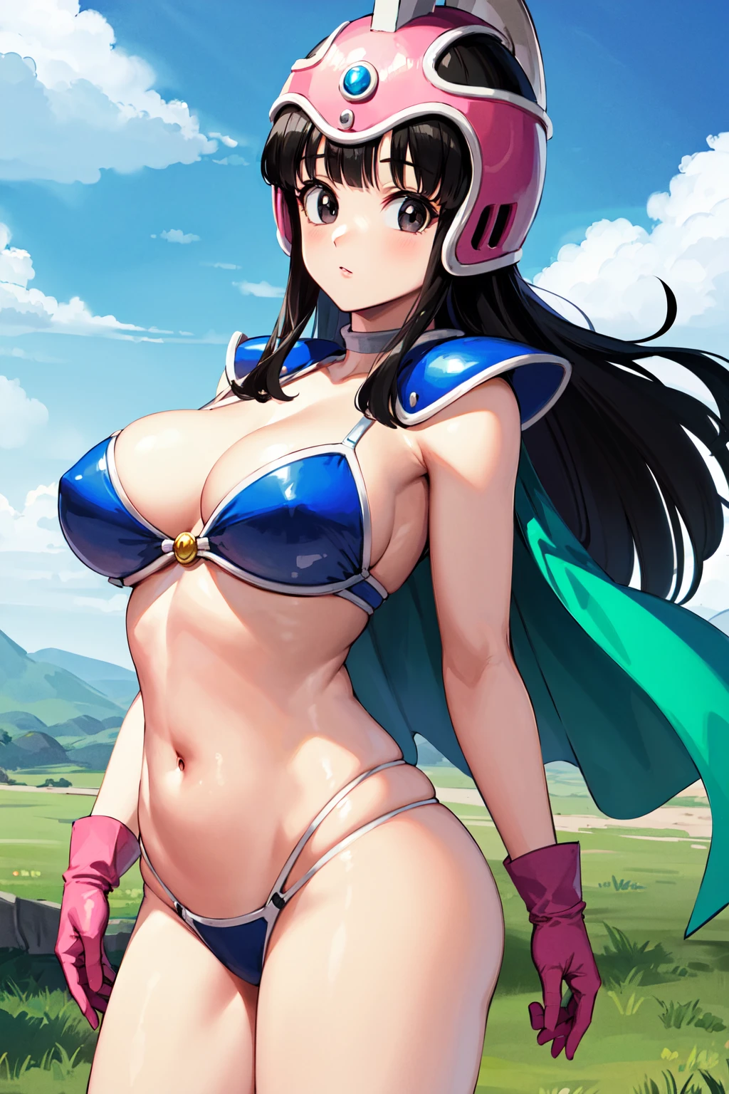 masterpiece, best quality, highres, dragon ball, aachichi, long hair, helmet, pink headwear, black eyes, large breasts, shoulder armor, bikini armor, green cape, pink gloves, navel, groin, <lora:chi-chi_v1:0.7>, standing, cowboy shot, outdoors, looking at viewer,