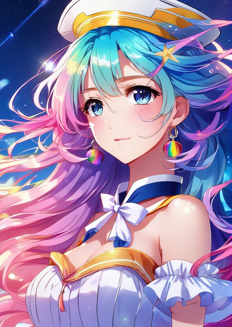 ((extremely detailed CG)),((8k_wallpaper)),(((masterpiece))),((best quality)),watercolor_(medium),((beautiful detailed starry sky)),cinmatic lighting,princess,very long rainbow hair,side view,looking at viewer,full body,frills,(far from viewer),((extremely detailed face)),((an extremely delicate and beautiful girl)),((extremely detailed cute anime face)),((extremely detailed eyes)),(((extremely detailed body))),(ultra detailed),illustration,((bare stomach)),((bare shoulder)),small breast,((sideboob)),((((floating and rainbow hair)))),(((Iridescence and rainbow hair))),(((extremely detailed sailor dress))),((((Iridescence and rainbow dress)))),(Iridescence and rainbow eyes),beautiful detailed hair,beautiful detailed dress,dramatic angle,expressionless,(big top sleeves),frills,blush,(ahoge)