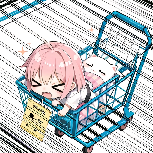 chibi, screaming, riding on (shopping cart:1.3), shopping cart running high speed, (on highway), <lora:concentratedlines_v100:1> <lora:hotarueye_comic1_v100:1>