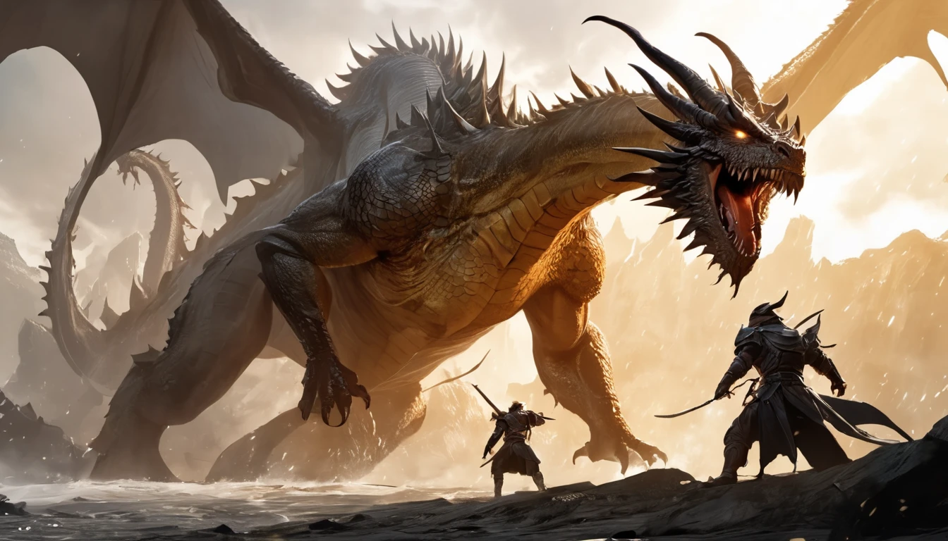the Human with armor, in front a old church, the dragon with two heads in background, masterpiece, raw image, highly detailed 4k, in Dark Fantasy Style