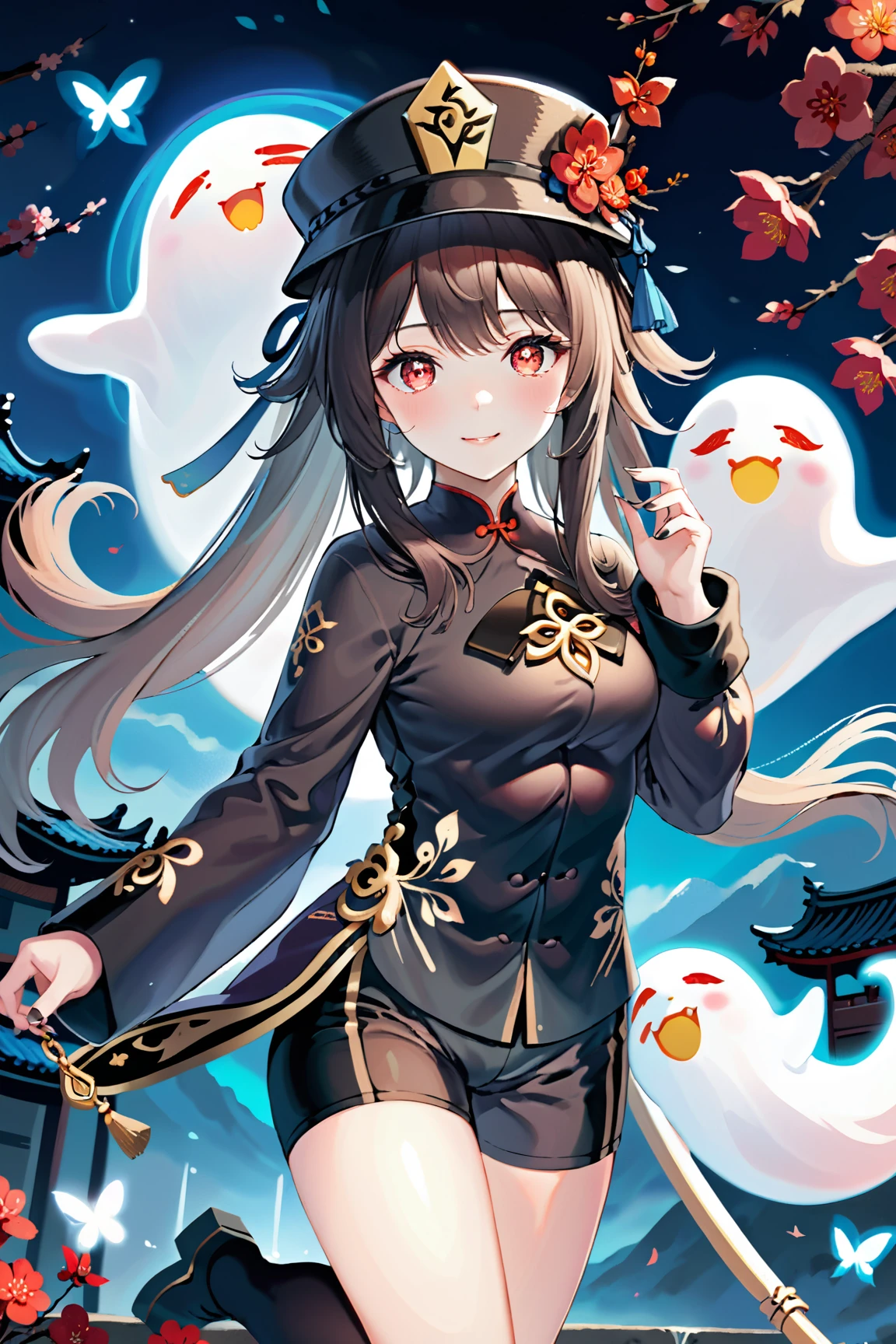 ultra-detailed,(best quality),((masterpiece)),(highres),original,extremely detailed 8K wallpaper,(an extremely delicate and beautiful),
anime,momoko,
\\,
hutao,1girl,hu tao (genshin impact),hat,ghost,symbol-shaped pupils,jewelry,flower,brown hair,twintails,looking at viewer,smile,black nails,long sleeves,red eyes,solo,black shorts,long hair,hat flower,black headwear,nail polish,chinese clothes,claw pose,plum blossoms,:d,thighs,butterfly,ghost pose,flower-shaped pupils,breasts,hair between eyes,bangs,upper body, 
<lora:hutao_xl-v2:0.7>,