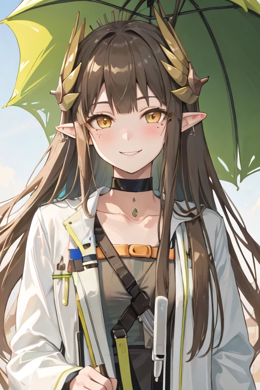 best quality, masterpiece, highres, solo, {muelsyse_arknights:1.15}, long_hair, pointy_ears, bangs, smile, yellow_eyes, very_long_hair, mole_under_eye, brown_hair, mole, blush, collarbone