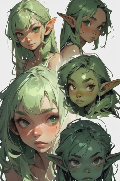 1girl, pointy ears, breasts, multiple views, green theme, green eyes,, looking at viewer, green hair, white background, long hair, panties, underwear, goblin girl, goblin, green skin tone, naked, pose dynamic, various poses, and (perfect glossy shiny skins:1.2) and (humid skin:1.1), 1girl, solo, (very detailed face),(masterpiece, realistic:1.3), (extremely intricate:1.2),