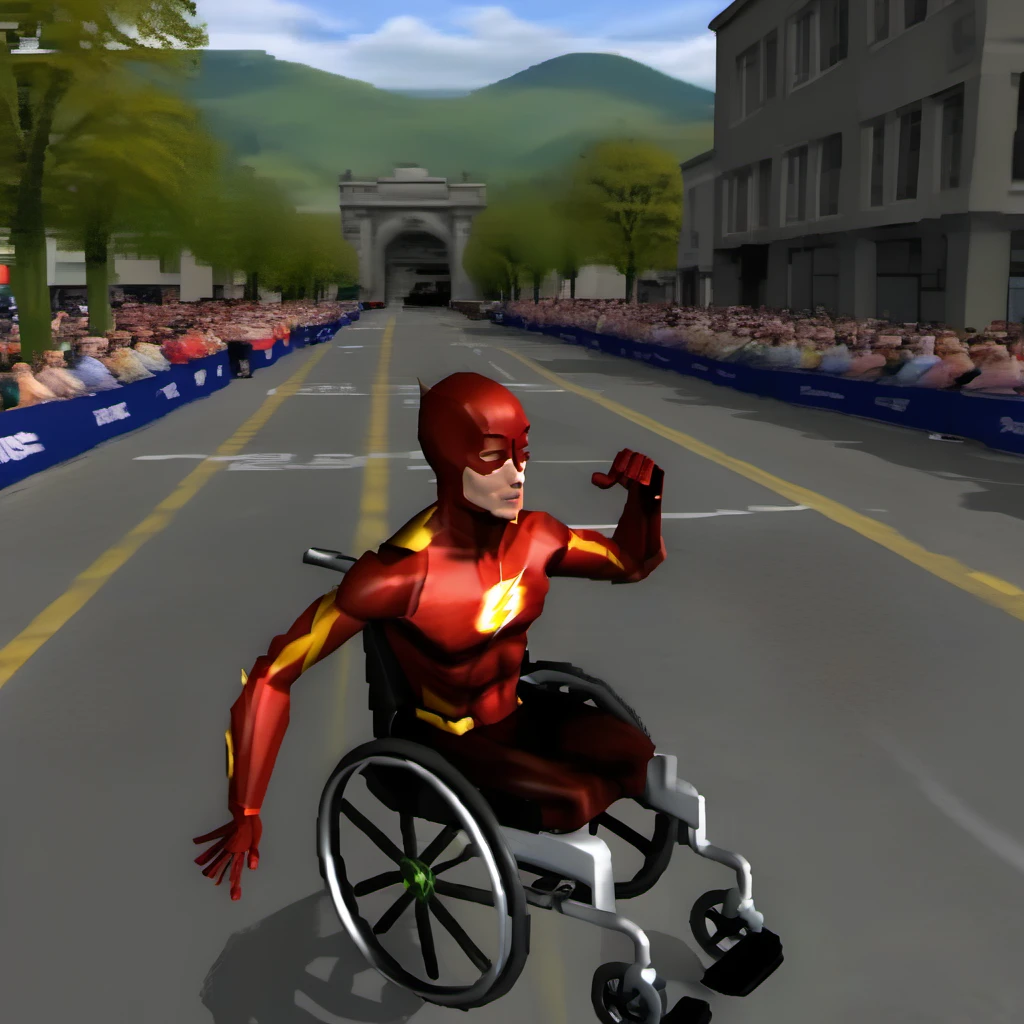 barry allen flash in wheelchair, marathon finishline, (ps1 style), <lora:ps1_style_SDXL_v2:1>