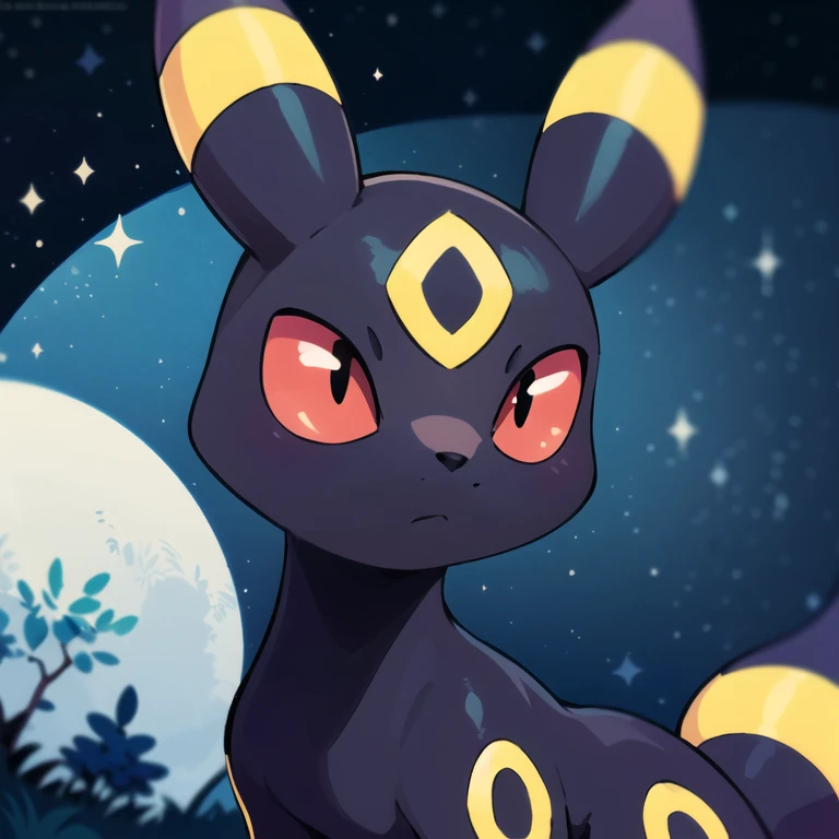 centered, award winning photo, (looking at viewer:1.2), | Umbreon_Pokemon, |starry night, moon, | bokeh, depth of field, cinematic composition, | <lora:Umbreon_Pokemon_AnyLora:0.8>