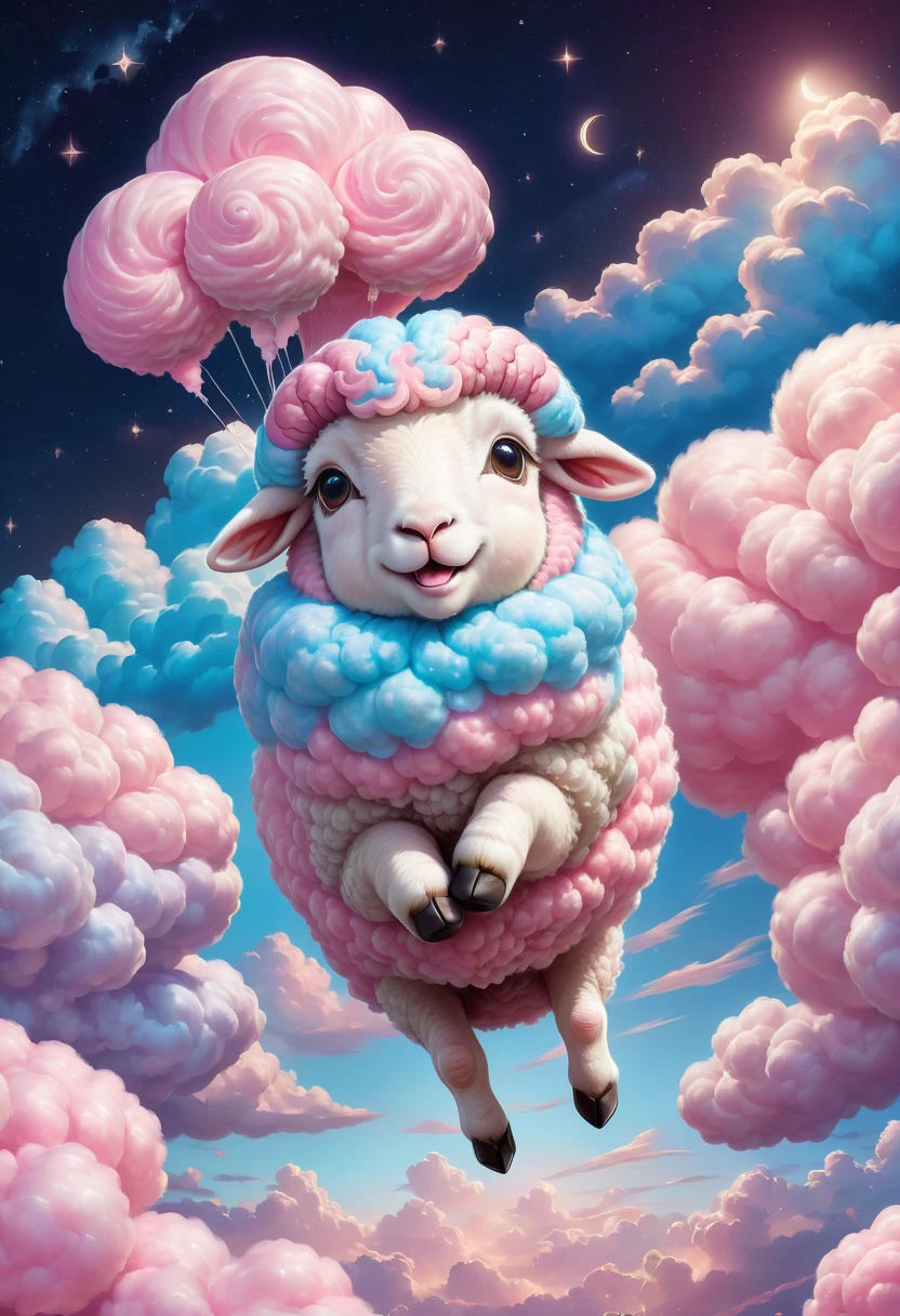 Highly detailed Dynamic shot of texture fur cotton candy sheep jumping over cotton candy clouds at night sky, adorable, kawaii, highly detailed, beautiful <lora:FaeTastic2:0.8>