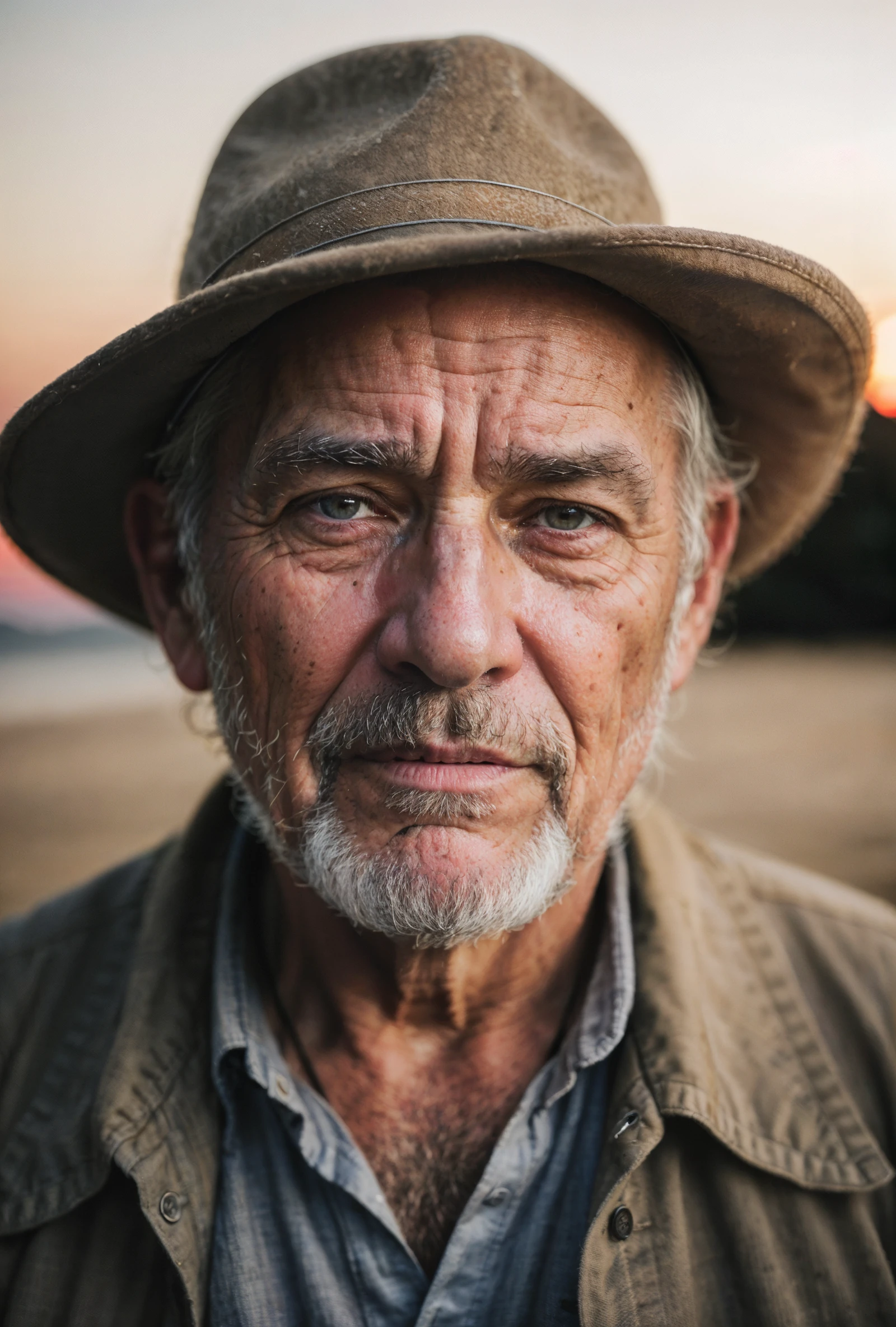 closeup portrait emotional photo of old man in rugged bluesman clothes, face, 8k uhd, high quality, film grain, looking at viewer, portrait, (skin pores:1.2), (moles:0.8), (imperfect skin:1.1), intricate details, goosebumps, flawless face, ((photorealistic:1.10):1.1) (raw, 8k:1.2), hyper realistic, HDR, cinematic, dark, muted colors, atmosphere, (macro lens:1.21), sunset