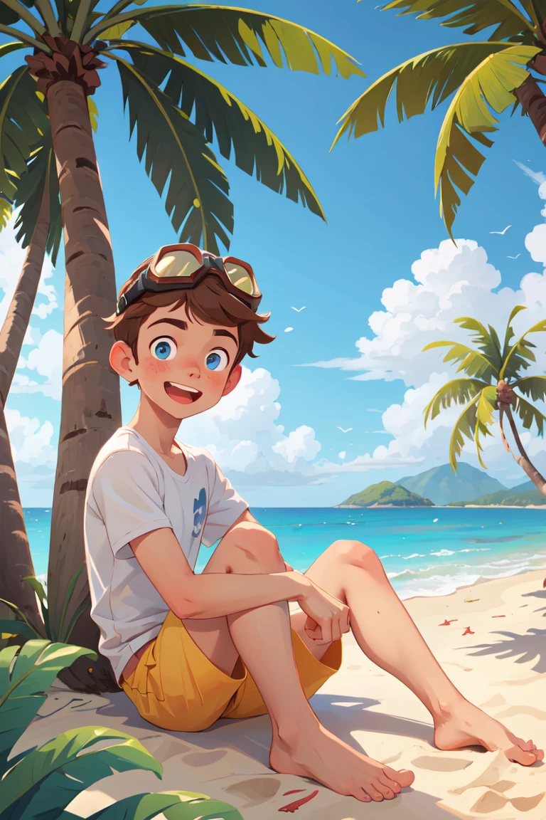 masterpiece,best quality,1boy,solo,goggles on head,male focus,blue eyes,outdoors,barefoot,shorts,open mouth,smile,looking at viewer,sitting,beach,blush,tree,brown hair,sky,palm tree,ocean,day, <lora:GoodHands-beta2:1>, scenery