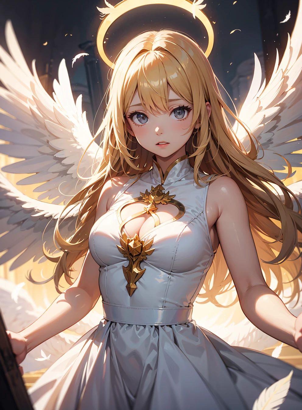 masterpiece, best quality, absurdres, novel illustration, 1girl, young, long hair, blonde hair, cinematic composition, cinematic angle, (dynamic pose:1.2), angel, white dress, praying, (shining golden ring above head:1.1), wings, feathers, holy light, holding hands on chest, cloud, heaven