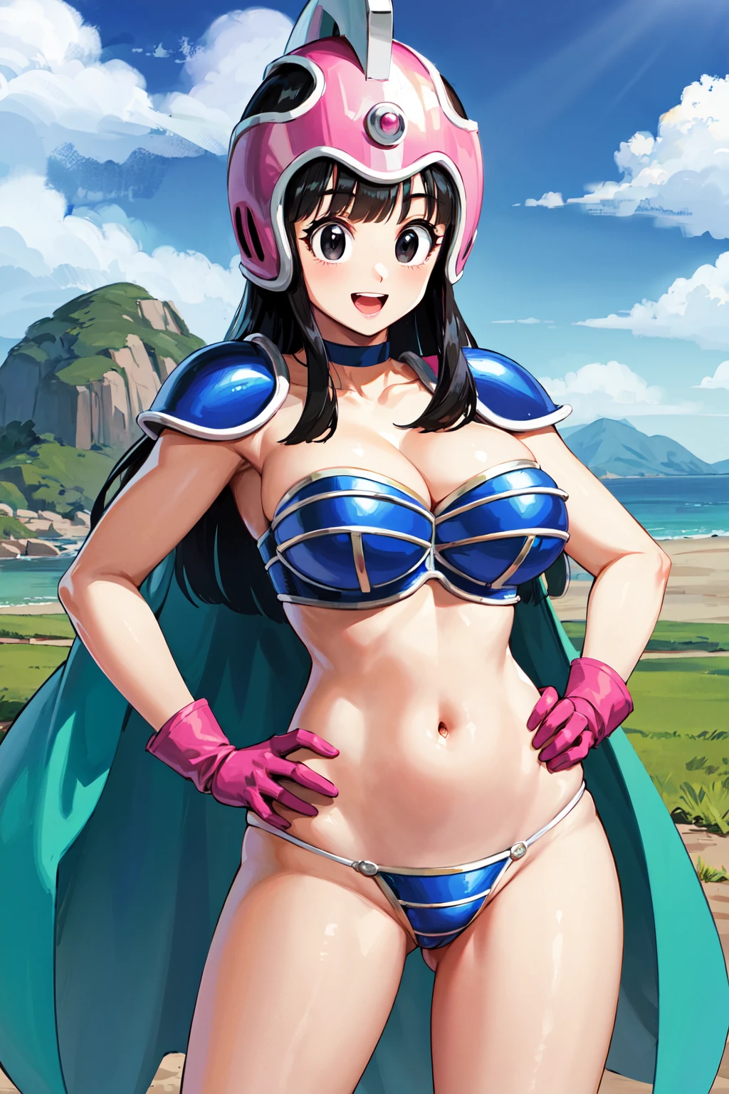 masterpiece, best quality, highres, dragon ball, aachichi, long hair, helmet, pink headwear, black eyes, large breasts, shoulder armor, bikini armor, green cape, pink gloves, navel, groin, <lora:chi-chi_v1:0.7>, standing, cowboy shot, outdoors, smile, open mouth, looking at viewer, hand on hip,