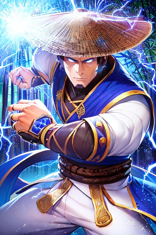 ((masterpiece)), ((best quality)), (ultra-detailed), absurdres, extremely detailed CG unity 8k wallpaper, Official Art, Accurate describe shapes, beautiful face, detailed hands, expressive eyes, upper body, looking at viewer, solo, (realistic), close-up, (standing, fighting stance, casting spell, thunder spell, serious:1.2), (bamboo forest, dramatic light, thunder surrounds, thunder chain, scenery, illustration:1.1), (1boy, mature male, muscular male, glowing eyes:1.4), (brown headwear, jingasa, amulet, beads, fingerless robe, arm guards, white shirt, white pants, long sleeves, blue vestments:1.3), ((masterpiece)), absurdres, HDR, raiden (mortal kombat), <lora:epi_noiseoffset2:0.8> <lora:GoodHands-vanilla:1>  <lora:Raiden-10:0.7>