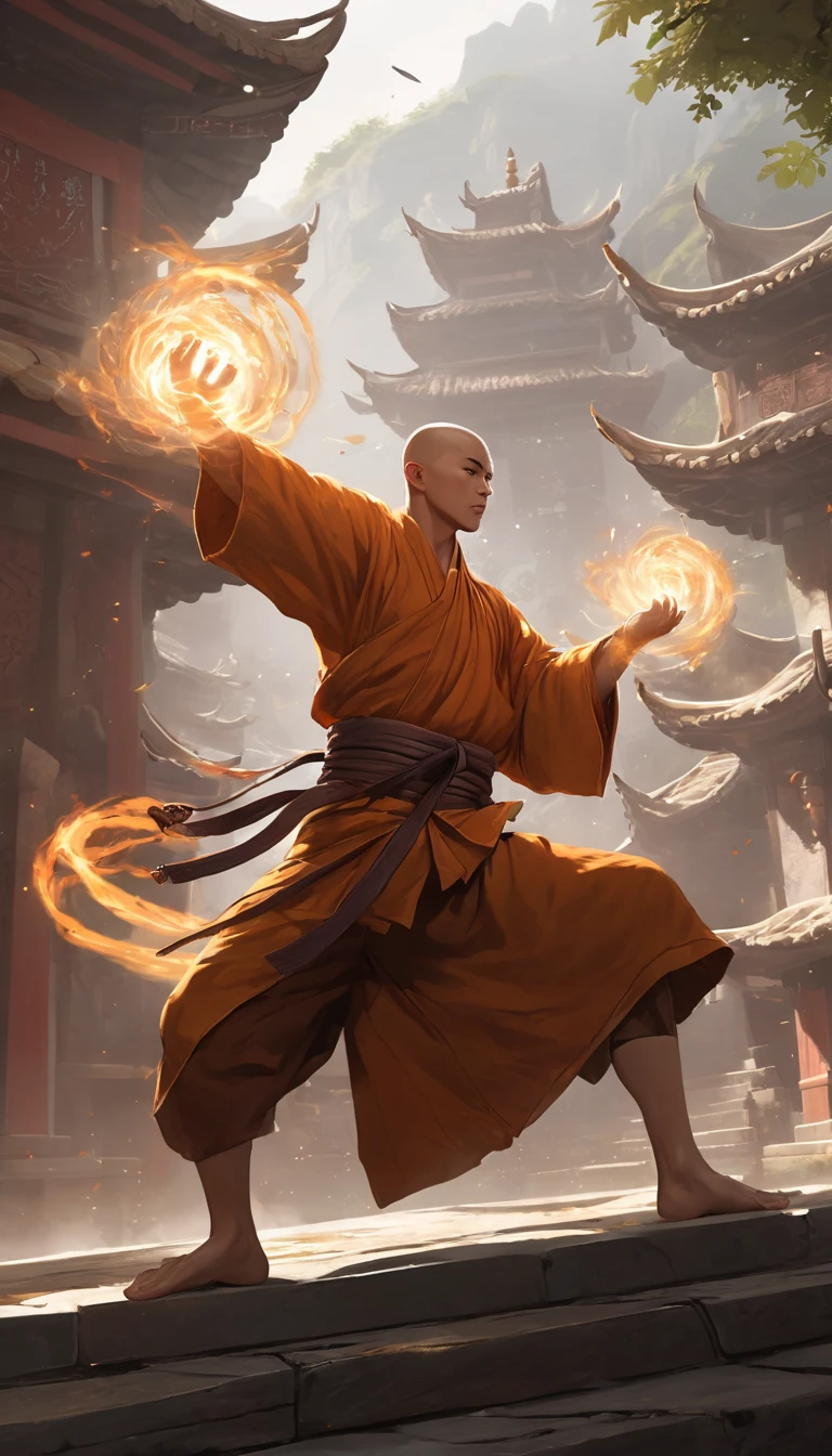 breathtaking Cinematic scene, hero view, Monk, a master of martial arts, harnessing the power of the body in pursuit of physical and spiritual perfection, Dungeons and Dragons <lora:dungeons_and_dragons:1>, action pose, detailed background, masterpiece, best quality, high quality, absurdres . award-winning, professional, highly detailed