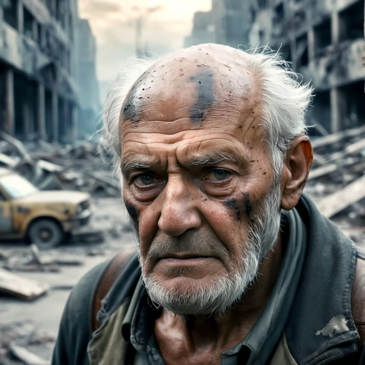 Long exposure photo of sad old man in a post apocalyptic destroyed city after nuclear blast, newdawn, closeup, high quality photography, 3 point lighting, flash with softbox, 4k, Canon EOS R3, hdr, smooth, sharp focus, high resolution, award winning photo, 80mm, f2.8, bokeh , detailed, realistic, 8k uhd, high quality . Blurred motion, streaks of light, surreal, dreamy, ghosting effect, highly detailed