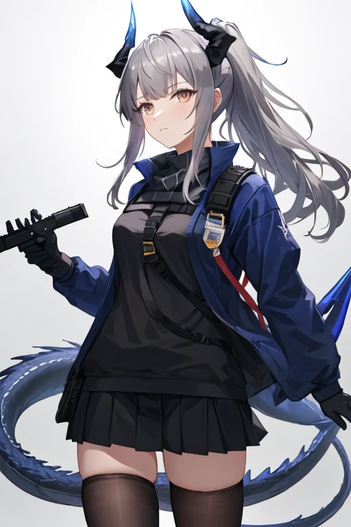 best quality, masterpiece, highres, solo, {liskarm_arknights:1.15}, horns, dragon_horns, grey_hair, ponytail, long_hair, bangs, tail, dragon_girl, dragon_tail, brown_eyes