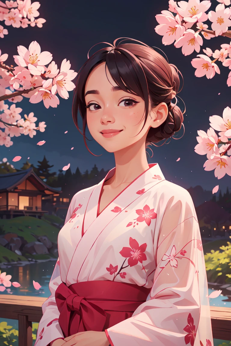 1girl, solo, smile, look away, beautiful see-through Yukata, delicate pattern, beautiful neck , complex background, cherry blossom   (masterpiece, best quality:1.2), scenery,  <lora:GoodHands-beta2:1>