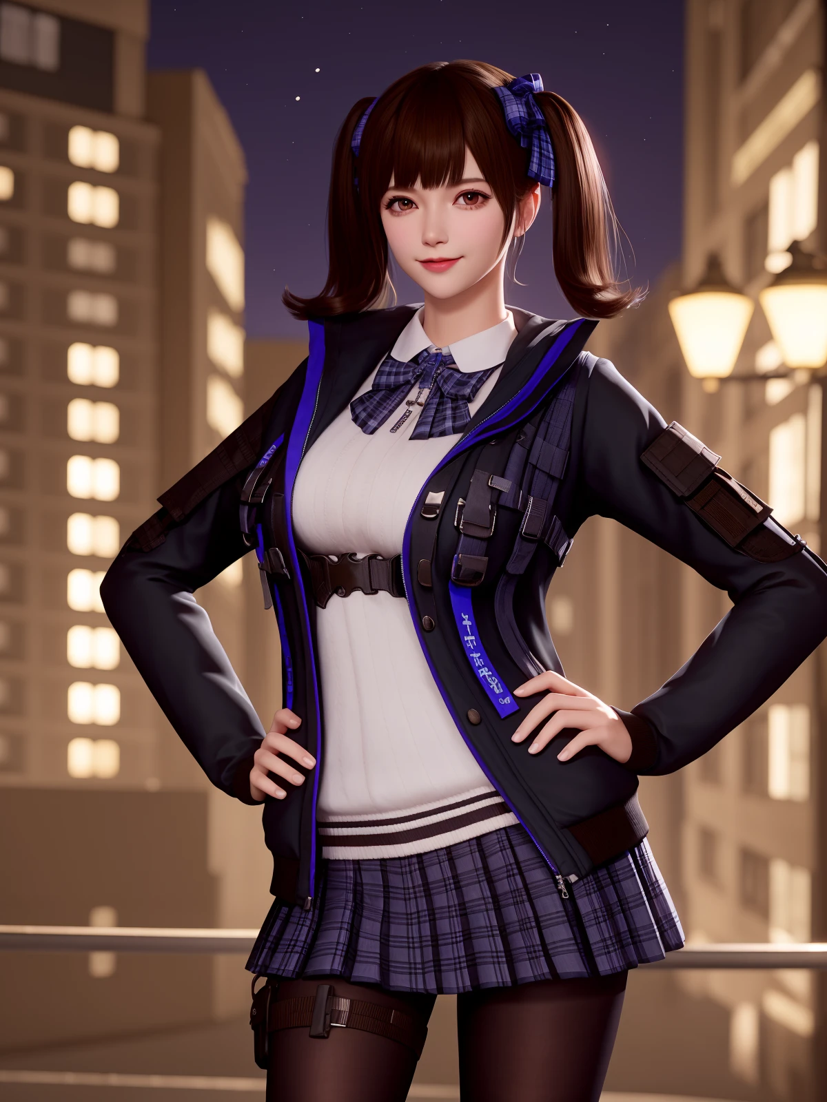CFguanxiaoyuBWZ, 1girl, solo,black pantyhose, twintails, brown hair, pleated skirt, lips, jacket, hair bow,school uniform, brown eyes,thigh holster, plaid skirt, ribbon,bowtie,bangs, <lora:CFguanxiaoyuBWZ:0.75>,cityscape, night, looking at viewer, hand on hip, light smile,