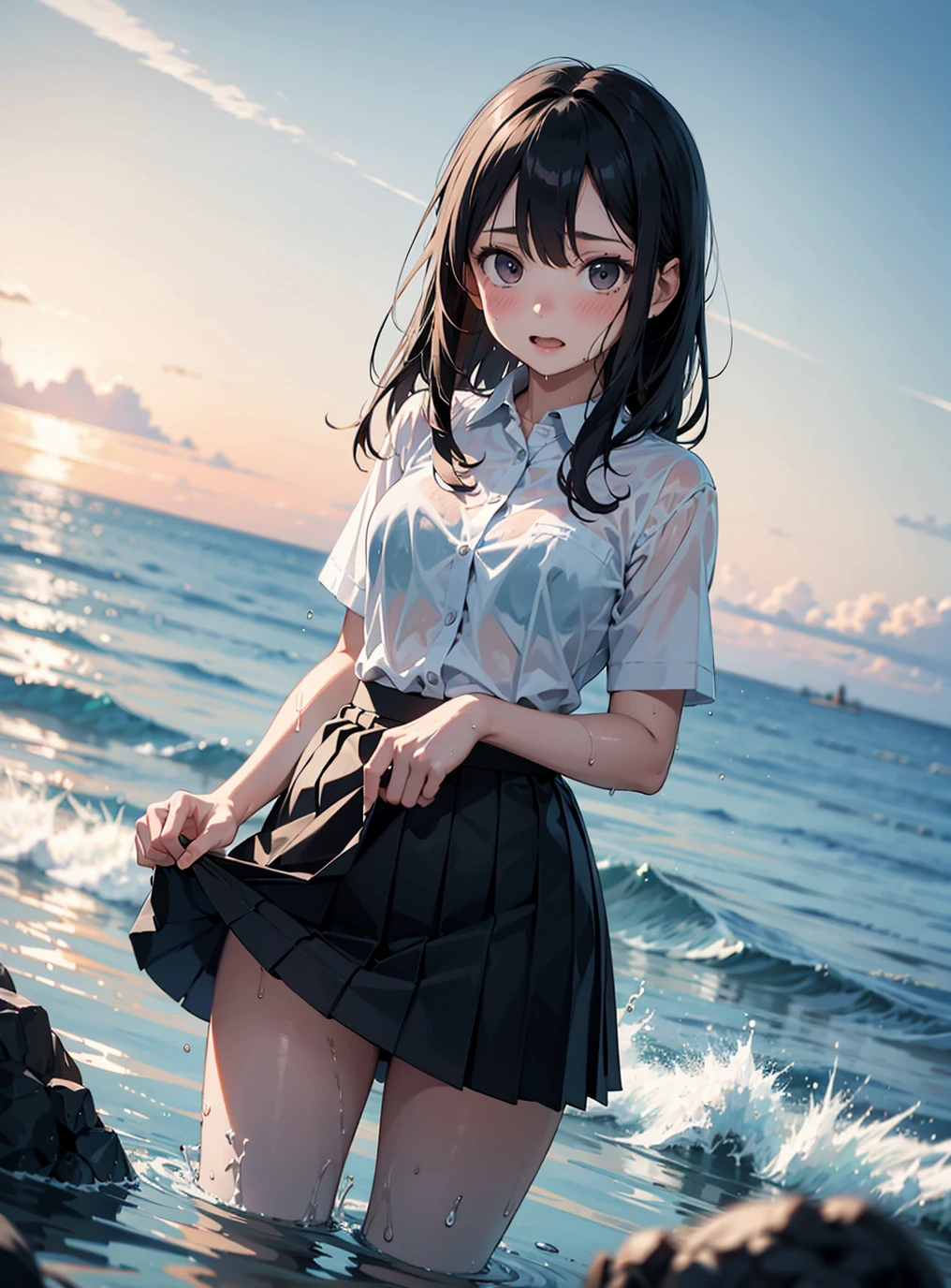 masterpiece, best quality, absurdres, novel illustration, 1girl, young, long hair, cinematic composition, cinematic angle, ocean, wet transparent shirt, skirt, (skirt lift:1.3), in sea, water, blush, embarrassed, wet hair, wet clothes