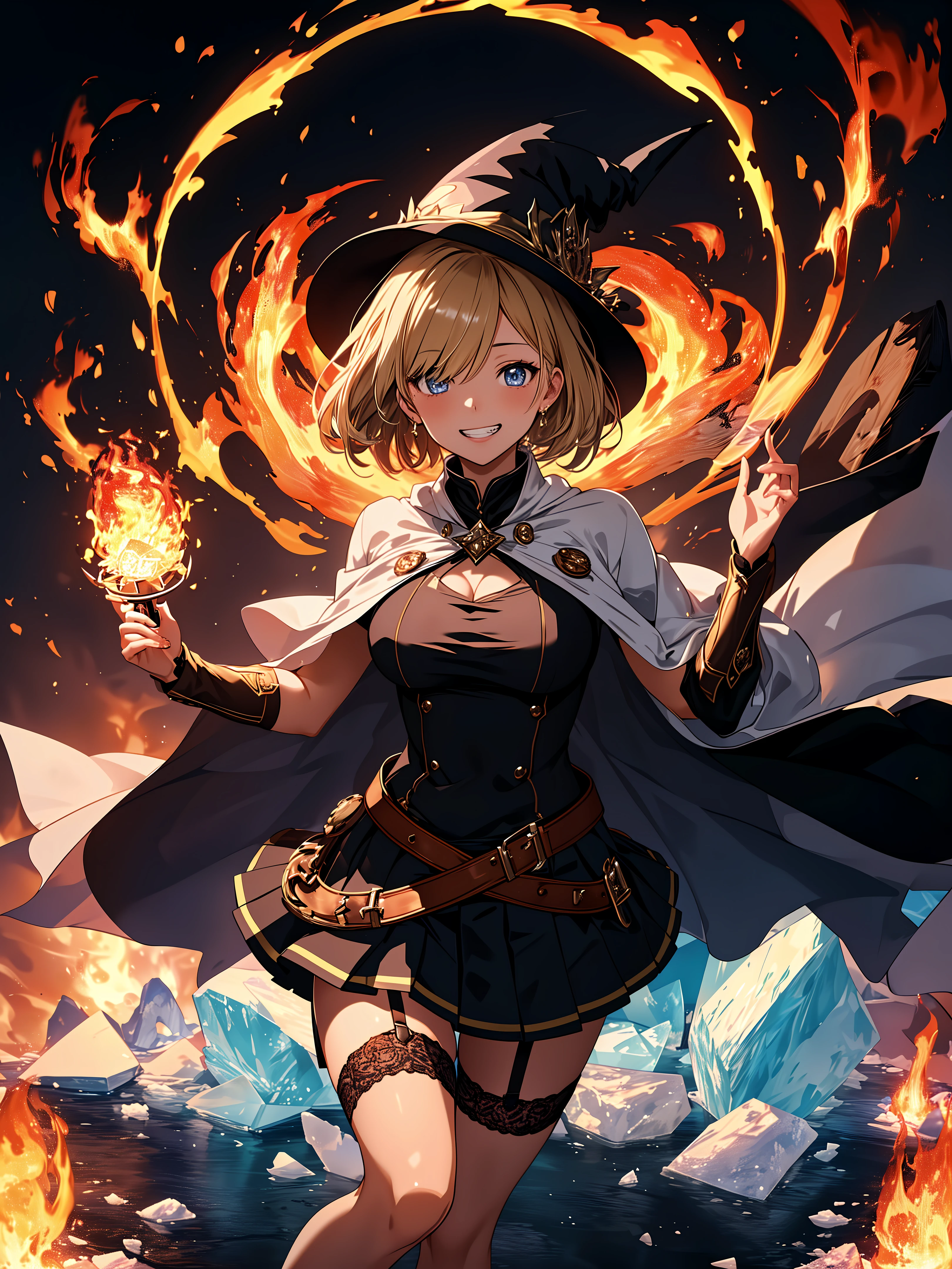 (anime,8k,masterpiece, top quality, best quality,beautiful and aesthetic:1.2,professional illustrasion:1.1,ultra detail:1.3,perfect lighting),extremely detailed,highest detailed,incredibly absurdres , highres, ultra detailed,intricate:1.6,BREAK
((Unleash the magic of fire:1.3 and ice:1.3)),
A flame that envelops all,
Cold air that freezes everything,
(A magic circle of light:1.2),
Unleash all.
, (final fantasy girl),(highly detailed beautiful face and eyes,dark blonde,pixie cut,hair over one eye),human,midium breast,light pubic hair,(blackmage outfit:1.3,Mage Cloak:1.2,Mage Hat:1.1,pleated skirt),garter belt:0.8,beautiful,grin