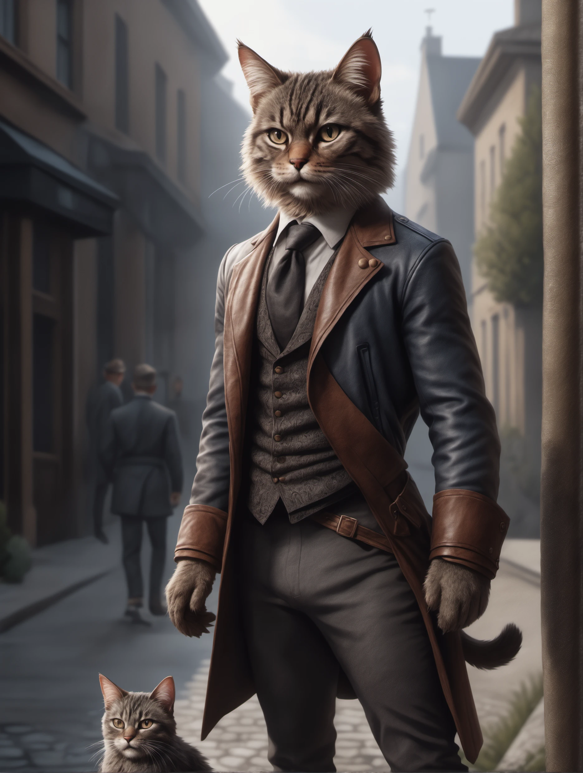 ((photo:1.2)), A victorian cat wearing leather jacked outfit , , dramatic lighting, dynamic pose, dynamic camera,masterpiece, best quality, dark shadows, ((dark fantasy)), detailed, realistic, 8k uhd, high quality, detailed, realistic, 8k uhd, high quality