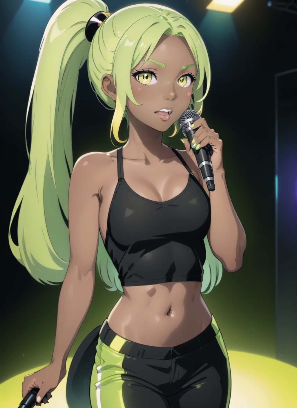1girl, solo, light green, ahoge, black tank top, navel, cute face, full body, whole body, karaoke, holding microphone, ponytail, skinny, medium breasts, cleavage, yellow eyes, dark skin, microphone, masterpiece, best quality,