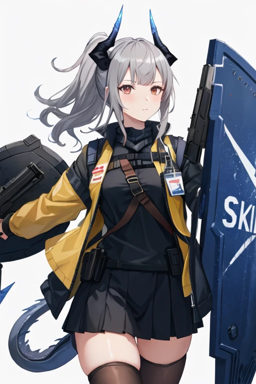 best quality, masterpiece, highres, solo, {liskarm_arknights:1.15}, horns, dragon_horns, grey_hair, ponytail, long_hair, bangs, tail, dragon_girl, dragon_tail, brown_eyes, 1girl, gun, holding, holding_gun, holding_weapon, jacket, long_sleeves, shield, shirt, weapon, blue_jacket, holding_shield, id_card, red_eyes, upper_body, black_shirt, closed_mouth, handgun, open_clothes, open_jacket