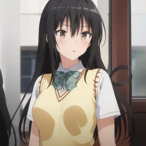 (masterpiece, best quality:1.2),illustration,8k,hd,1girl,solo,upper body,black hair,brown eyes,long hair,bangs,hair between eyes,school uniform,bow,breasts,sweater vest,green skirt,socks,kneehighs,short sleeves,plaid skirt,pleated skirt,<lora:Kotegawa-V1:0.8>,