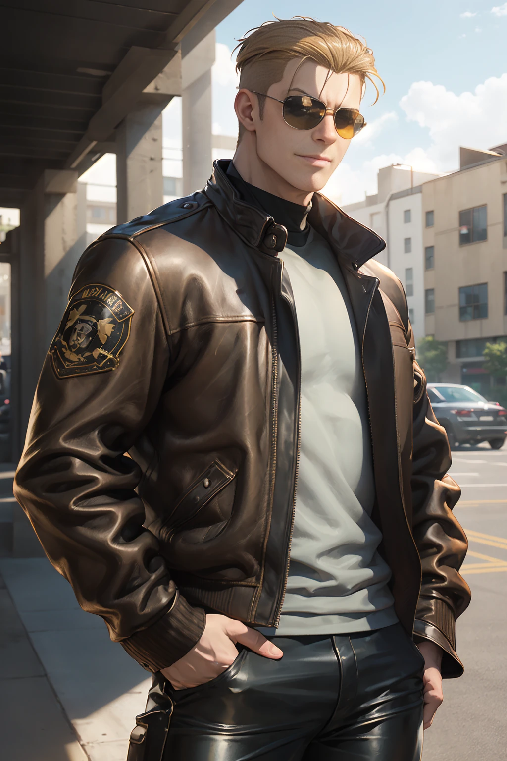 porco_galliard, garage, thug, leather jacket, leather pants, aviator sunglasses, arrogant smile, sunlight, realistic <lora:porco_galliard:0.7>